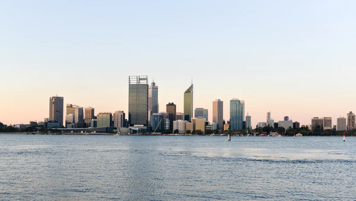 Perth city skyline across the Swan River, Western Australia