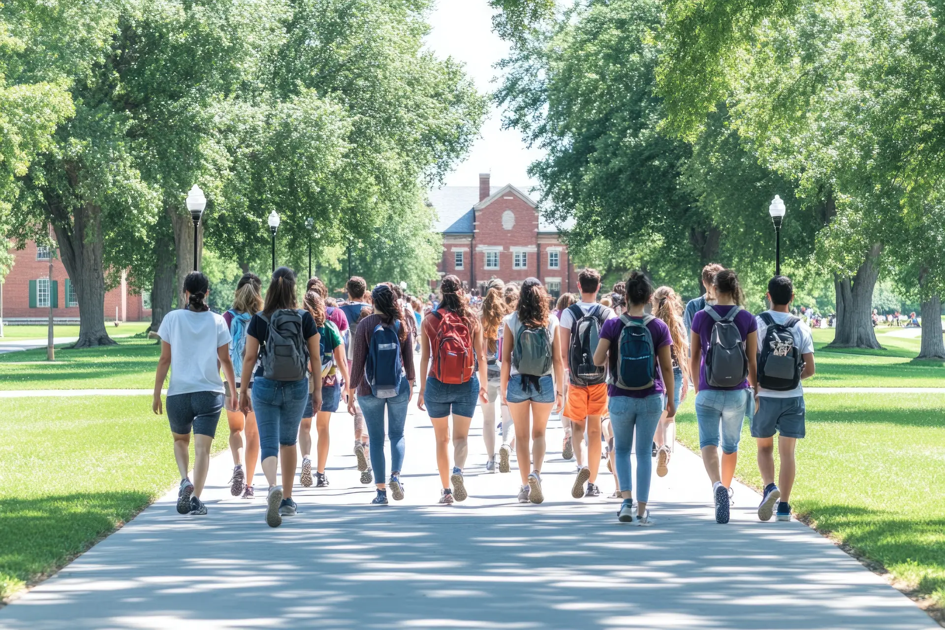 Group of university students walking through a sunny campus towards a brick building