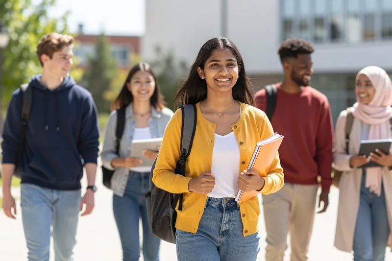 East Asian student on a campus orientation tour